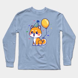 Cute Shiba Inu Dog Birthday Party With Balloon Cartoon Long Sleeve T-Shirt